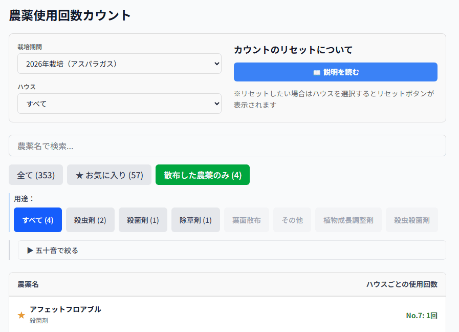 農薬使用回数カウントのスクリーンショット